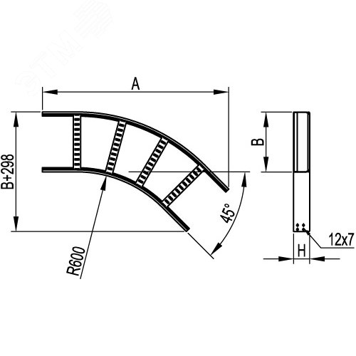 Угол горизонтальный 45 градусов 100x500 R=600мм цинк-ламельный 2