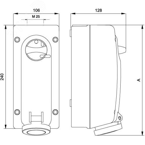 Розетка наружной установки IP44 16А 2P+E 230В с механической блокировкой и боковым расположением разъема - фото 2