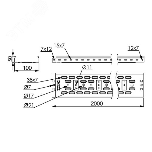 Лоток перфорированный 100х50х2000мм толщина 1.2 мм горячеоцинкованный 2