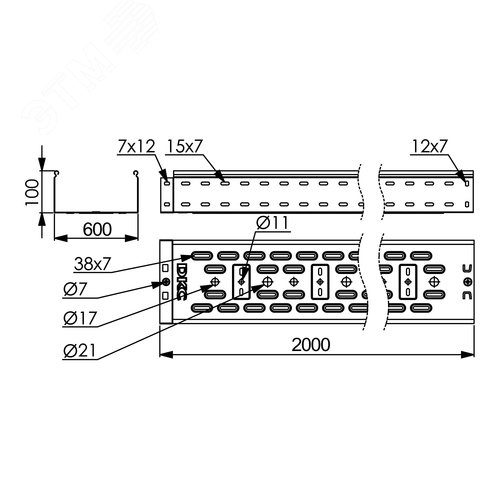 Лоток перфорированный 600х100 L=2000мм толщ.1.2мм горячеоцинкованный 2