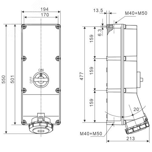 Розетка наружной установки IP67 125А 3P+E 400В с механической блокировкой и боковым расположением разъема - фото 4