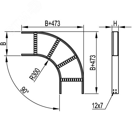 Угол горизонтальный 90 градусов 100x400 R=300мм цинк-ламельный 2