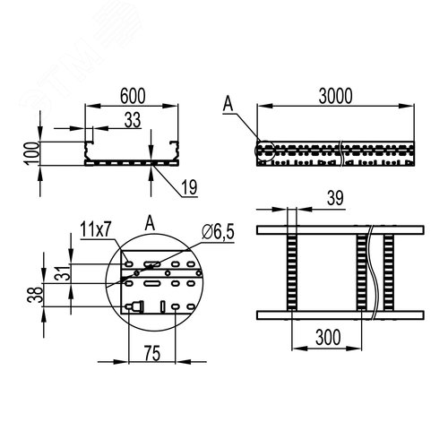 Лоток лестничный 100х600 лонжерон 2 мм L=3000мм горячеоцинкованный 2