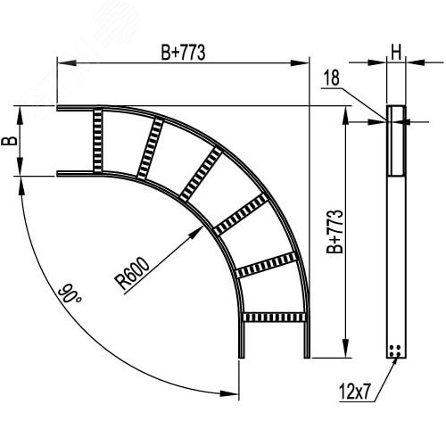 Угол горизонтальный 90 градусов 100x400 R=600мм цинк-ламельный 2