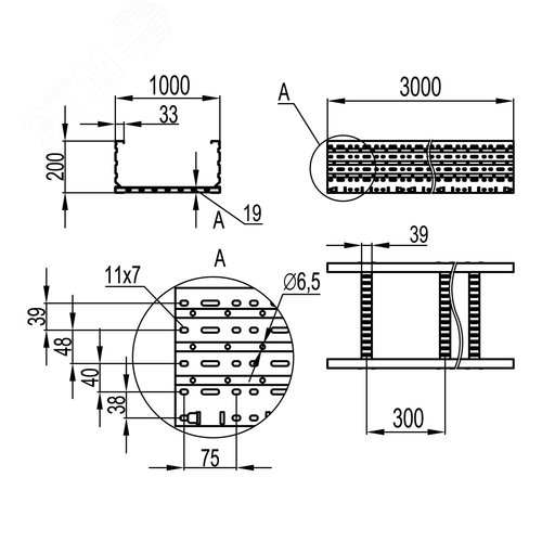 Лоток лестничный 200x1000 лонжерон 2 мм L=3000мм 2