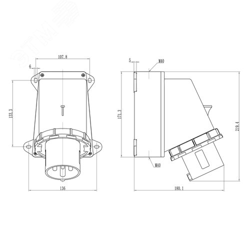 Вилка настенная IP67 63А 3P+E 400В 2