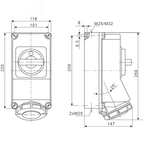 Розетка наружной установки IP67 16А 3P+E 400В с механической блокировкой и боковым расположением разъема - фото 4