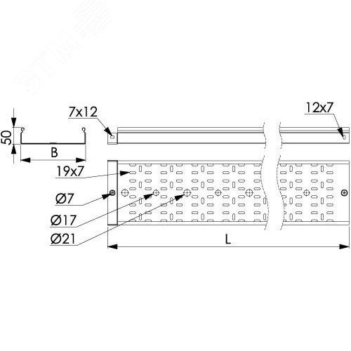 Лоток перфорированный 300х50 L=3000мм толщина 1.2мм горячеоцинкованный 2