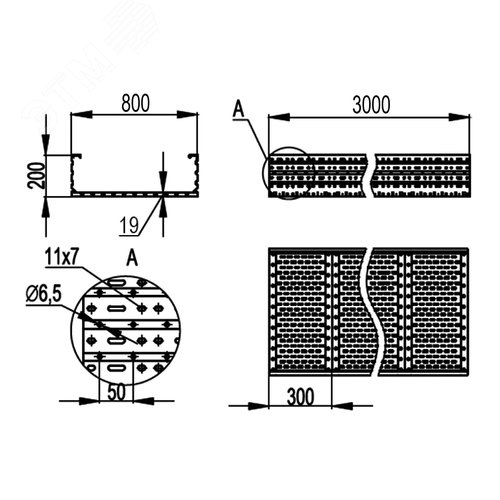 Лоток листовой 200x800, лонжерон 2 мм, L 3 м, горячий цинк - фото 2
