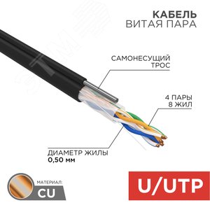 Кабель витая пара UTP 4PR 24AWG CAT5e наружный (OUTDOOR) + ТРОС*1 - фото 2