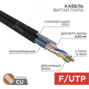 Кабель витая пара FTP 4PR 24AWG CAT5e наружный (OUTDOOR) + ТРОС - фото 2