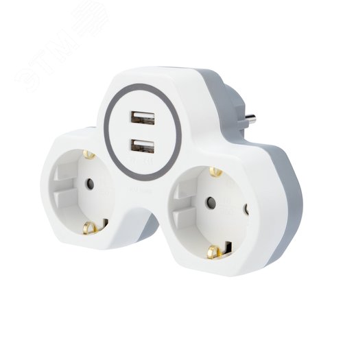 Разветвитель двойник 16 А с заземлением 2 USB порта 2,4 А белый - REXANT
