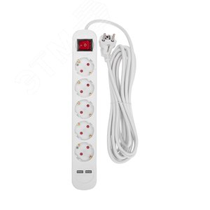 Удлинитель STANDARD 5 гнезд, 5 м, 3х1,0 мм2, с/з, с выключателем, 2 USB, белый - REXANT