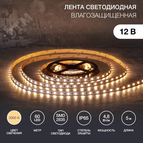 Лента LED силикон 8мм IP65 SMD 2835 60LED/m 12V цвет свечения теплый белый LAMPER - REXANT