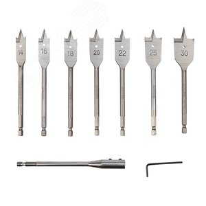 Набор сверл перовых по дереву 9 предметов: 14-16-18-20-22-25-30х152 мм, удлинитель, ключ угловой, REXANT - REXANT