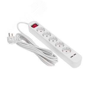 Удлинитель STANDARD 5 гнезд, 5 м, 3х1,0 мм2, с/з, с выключателем, 2 USB, белый - фото 2