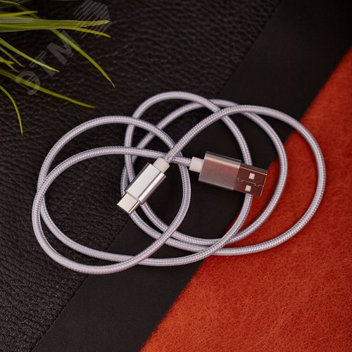 Кабель USB-Type-C, 2,4A, nylon, silver, 1mУстройство зарядное, 18-1884, - фото 2