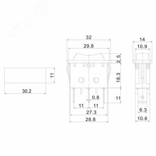 Выключатель клавишный 250V 10А (3с) ON-OFF-ON черный с нейтралью | 36-2220 | REXANT - фото 2
