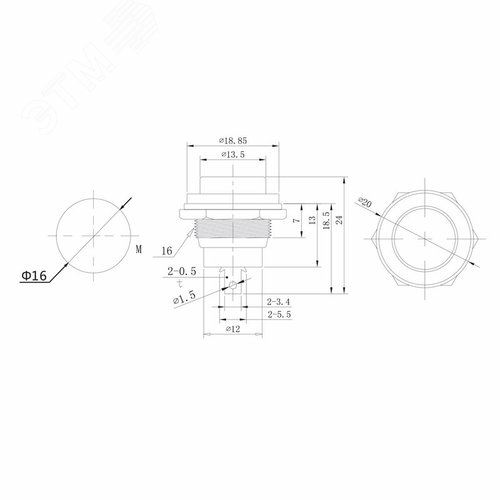Выключатель-кнопка металл 250V 2А (2с) (ON)-OFF ?16.2 черная | 36-3350 | REXANT - фото 2