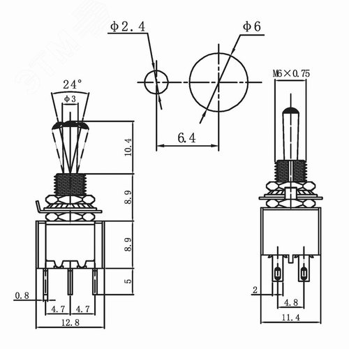 Тумблер 250V 3А (6c) ON-OFF-ON двухполюсный Micro | 36-4021 | REXANT 2