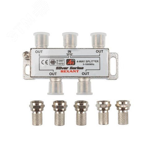 Делитель ТВ х 4 + 5шт. F BOX 5-1000 МГц Silver, - фото 3