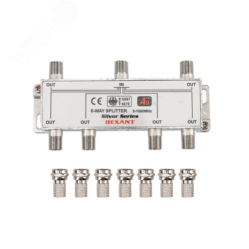 Делитель ТВ краб x 6 + 7шт. F BOX 5-1000 МГц Silver, - REXANT