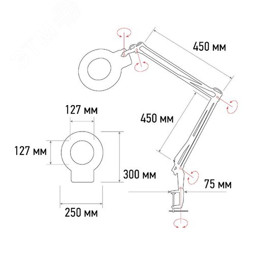 Лупа на струбцине, круглая, 5D, 72 SMD, d-152мм, белая - фото 8