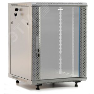 Шкаф настенный 19-дюймовый (19"), 15U, 787x600х450мм, стеклянная дверь с перфорацией по бокам, ручка с замком,серый (разобранный)| 452017 | Hyperline - Hyperline