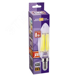 Лампа сетодиодная декоративная LED 8w E14 3000K свеча прозрачная филамент 230/50 Jazzway (5020696) 2