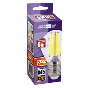 Лампа сетодиодная декоративная LED 6w E27 4000K шар прозрачный филамент 230/50 Jazzway (5021068) - фото 2