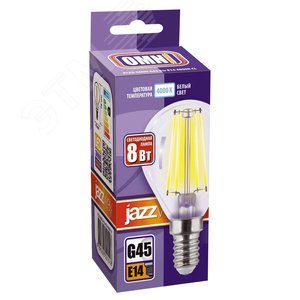 Лампа сетодиодная декоративная LED 8w E14 4000K шар прозрачный филамент 230/50 Jazzway (5021396) - фото 2