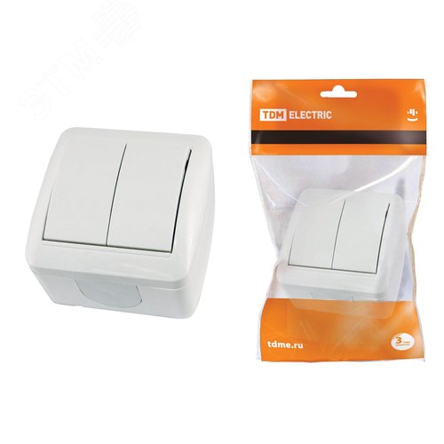 Выключатель двухклавишный открытой установки IP44 10А белый ''Селигер''