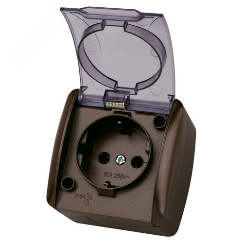 Розетка 2П+3 открытой установки IP54 16А с прозр  чной крышкой шоколад Селигер TDM