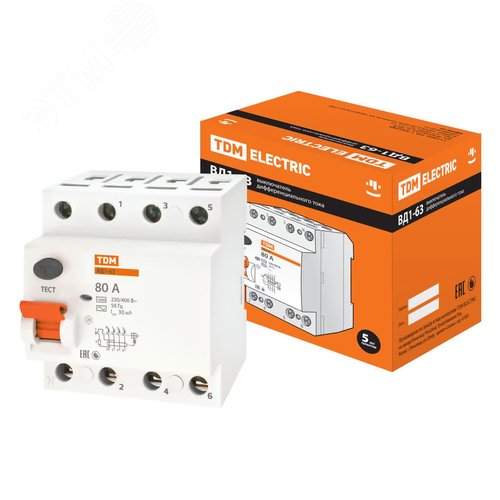 Устройство защитного отключения ВД1-63 четырехполюсное 80А 30мА 7