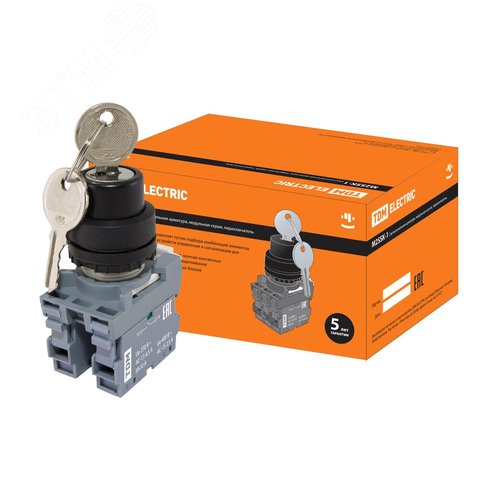 Переключатель с ключом на 2 положения с фиксацией M2SSК1-102 в сборе d22мм 1з+1р черный