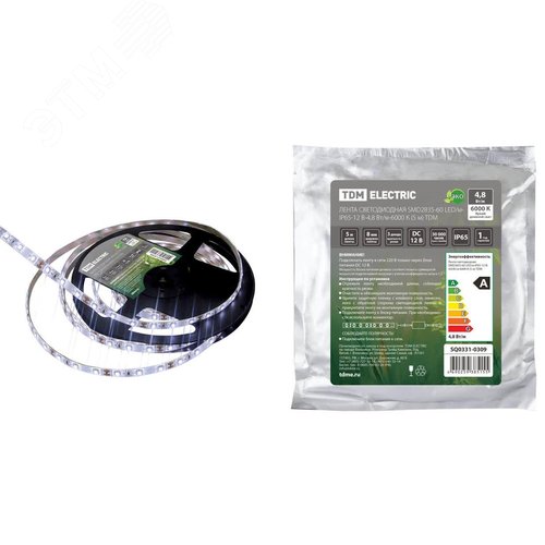 Лента светодиодная SMD2835-60 LED/м-IP65-12 В-4,8 Вт/м-6000 К (5 м) - TDM ELECTRIC