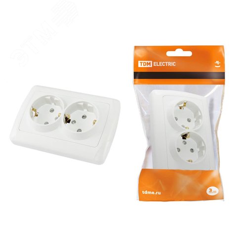 Розетка двойная 2П+З 16А 250В с защитными шторками белая ''Онега''