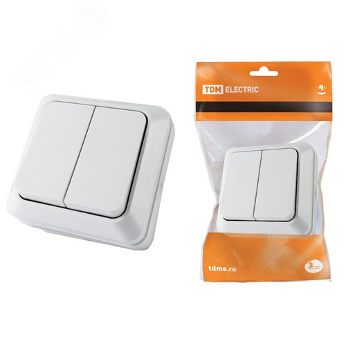 Выключатель двухклавишный открытой установки IP20 10А, белый ''Ладога'' 2