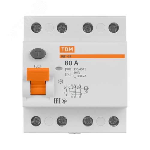 Устройство защитного отключения ВД1-63 четырехполюсный 80А 300мА 4