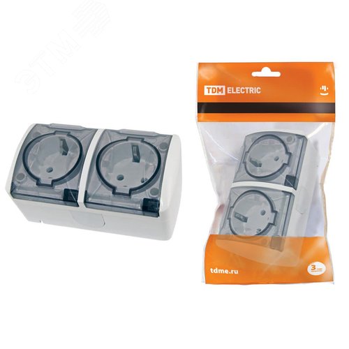 Розетка двойная 2П+3 открытой установки IP54 16А спрозрачной крышкой белая Селигер TDM