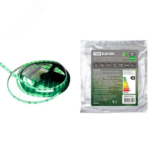 Лента светодиодная SMD2835-60 LED/м-IP65-12 В-4,8 Вт/м-зелёный (5 м) - TDM ELECTRIC