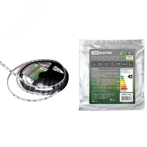 Лента светодиодная SMD5050-60-20-12-144-3200 60LED/м, IP20, 12В, 14,4Вт, 3200К, (У) - TDM ELECTRIC