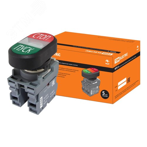 Кнопка двойная MPD4-11С (зеленая/красная)(LED) в сборе d22мм/220В (ПУСК/СТОП) линза прозрачная - TDM ELECTRIC