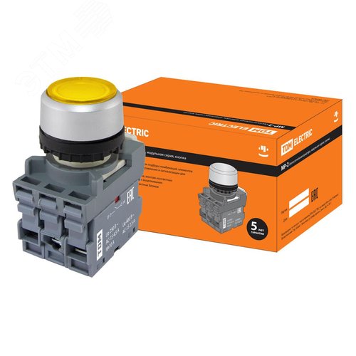 Кнопка с фиксацией MP2-21Y(LED) в сборе d22мм/220В 1з+1р желтая - TDM ELECTRIC