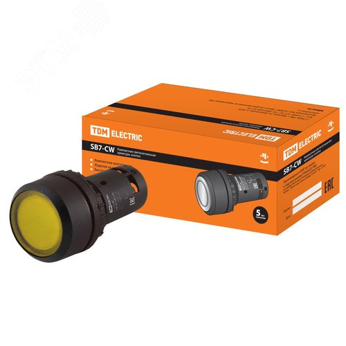 Кнопка SB7-CW3561-24V(LED) d22мм 1з, желтая - TDM ELECTRIC