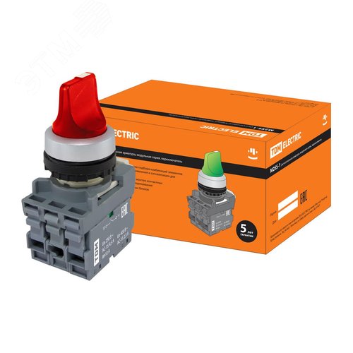 Переключатель на 3 положения с фиксацией M3SS1-21R короткая ручка(LED) d22мм/220B 1з+1р красный - TDM ELECTRIC