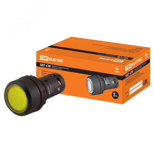Кнопка SB7-CW3561-220V(LED) d22мм 1з, желтая - TDM ELECTRIC