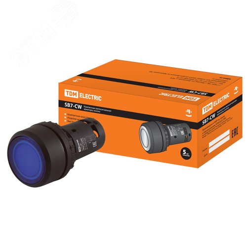 Кнопка SB7-CW3661-24V(LED) d22мм 1з, синяя - TDM ELECTRIC
