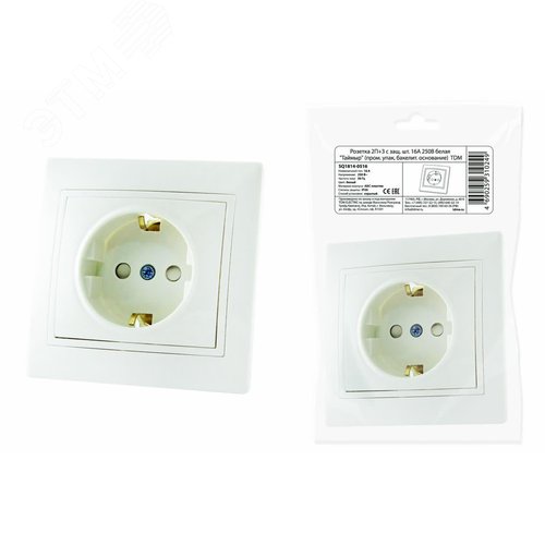 Розетка 2П+З с защ. шт. 16А 250В белая Таймыр (пром. упак., бакелит. основание) TDM
