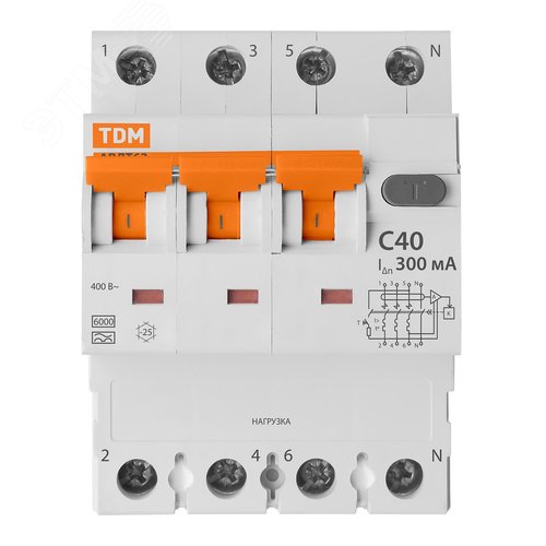 Выключатель автоматический дифференциального тока - АВДТ 63 четырехполюсный C40 300мА 5